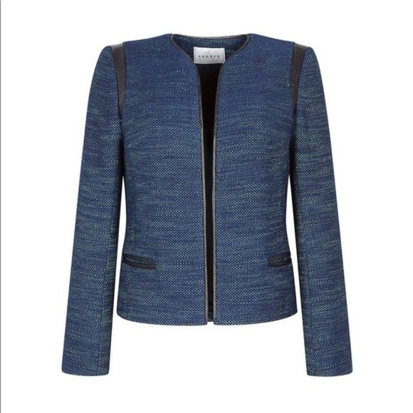 Sandro Valentin Blue and Red Tweed Blazer Jacket leather  shoulder chain details - Picture 15 of 16